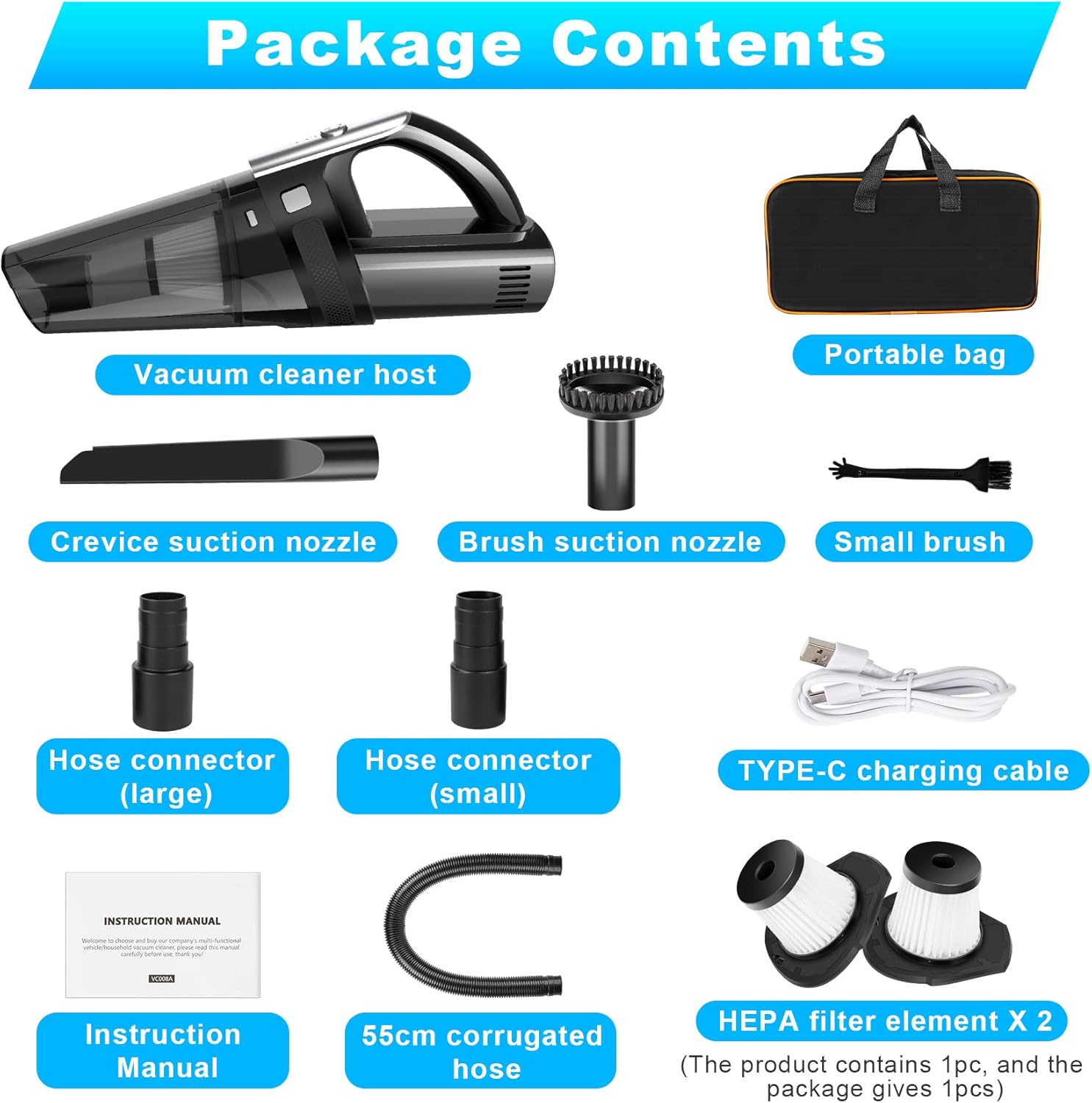 Handheld Vacuum Cordless Mini Portable Rechargeable Car Vacuum Cleaner with 11000PA Powerful Suction for Car Home and Office